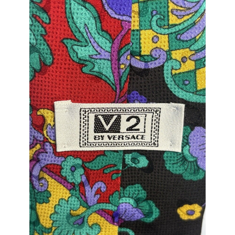 Vtg V2 Versace Mens Black Red Purple Floral Silk Tie 3.75" W Luxury Italy Retro - Picture 4 of 7